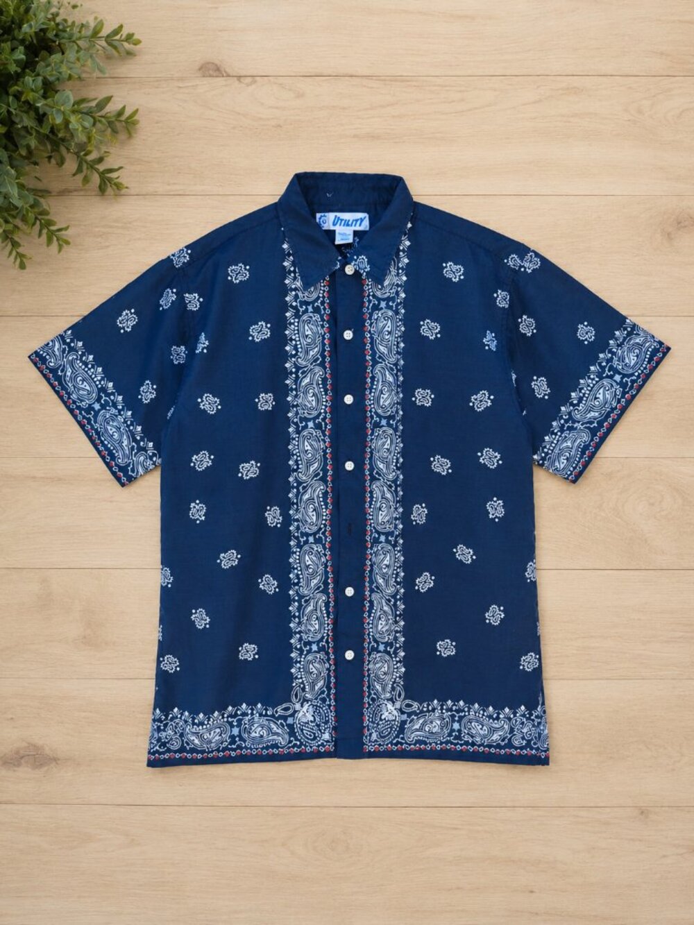 Utility Navy Blue Paisley Bandana Print Short Sleeve Button-Up Shirt - L
